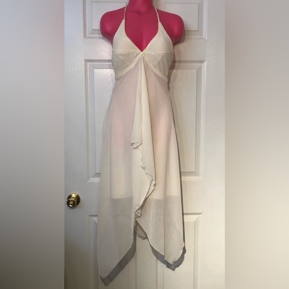 Alyn Paige Ivory Sequin Halter Dress Sheer Overlay Handkerchief Hem